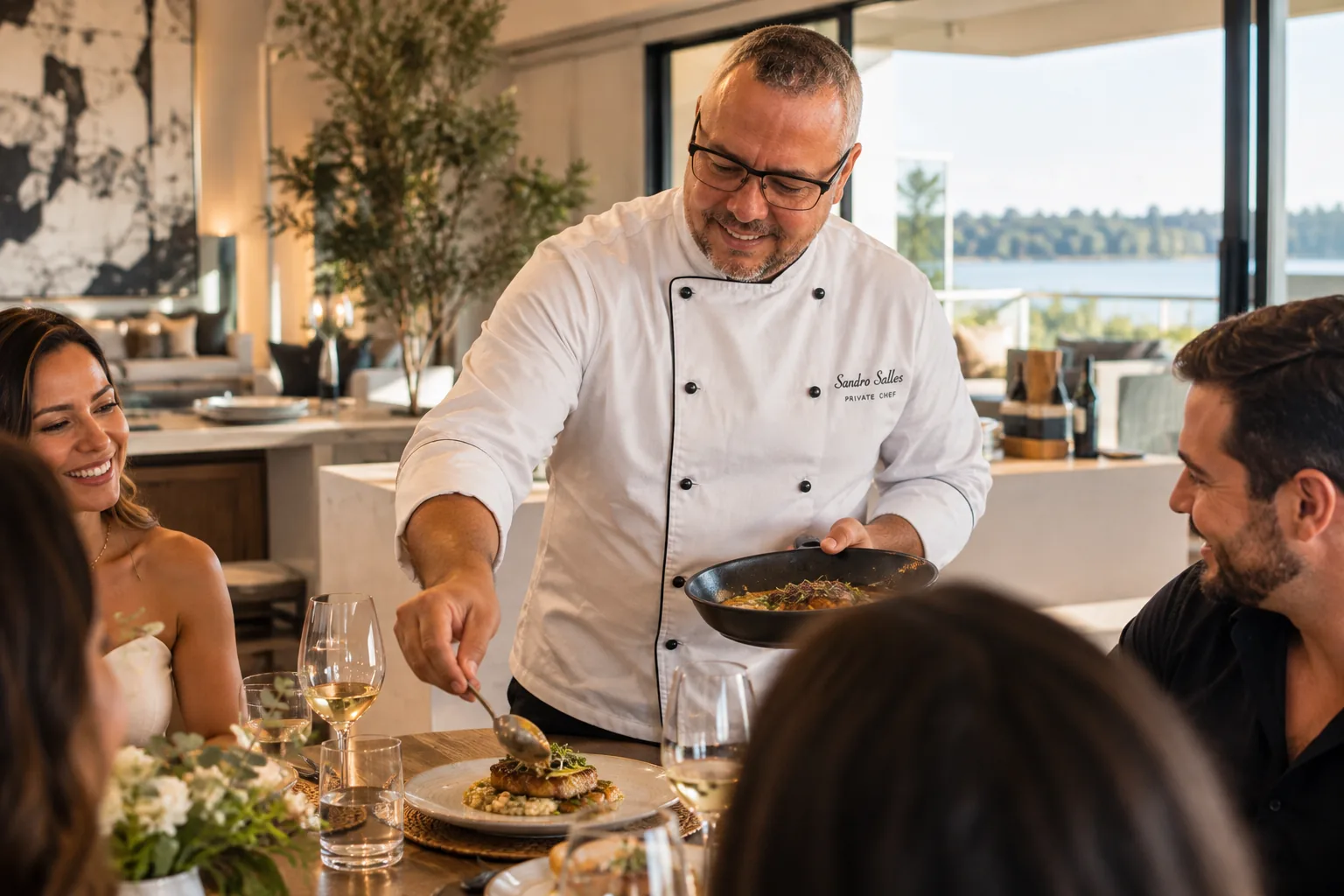 Chef Sandro Salles serving guests around a table