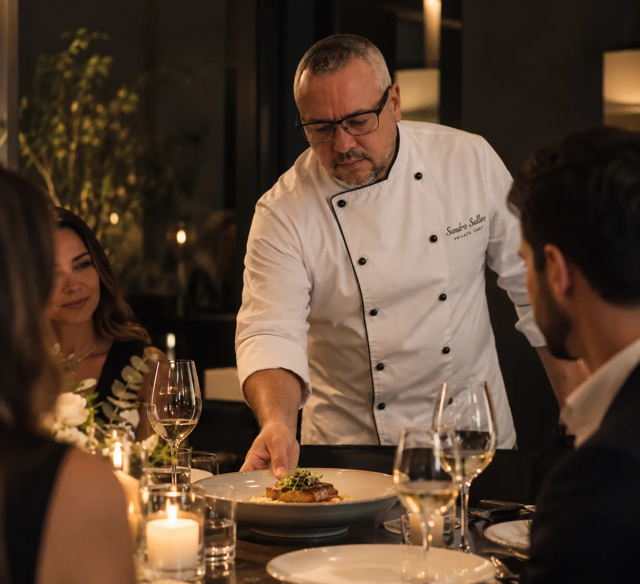 Chef Sandro Salles serving dinner at a private residence