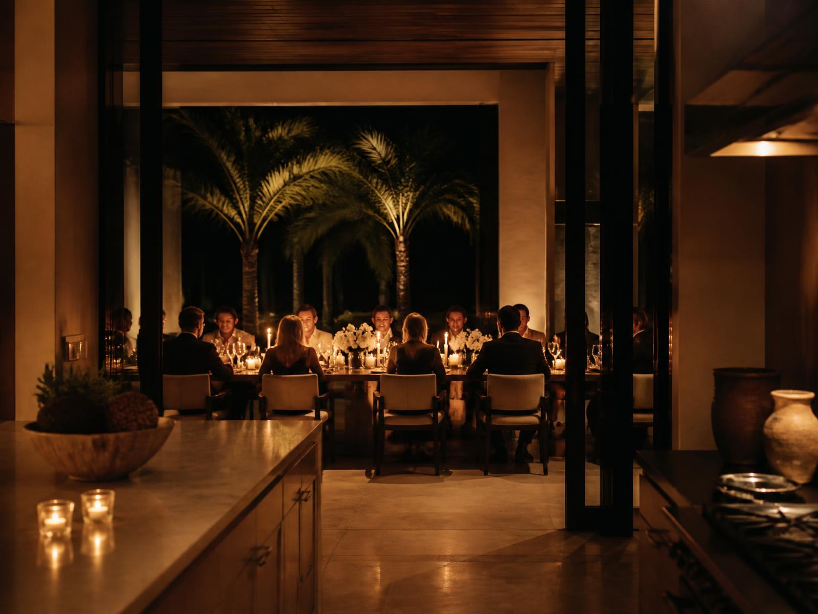 Guests enjoying a private candlelit dinner at home